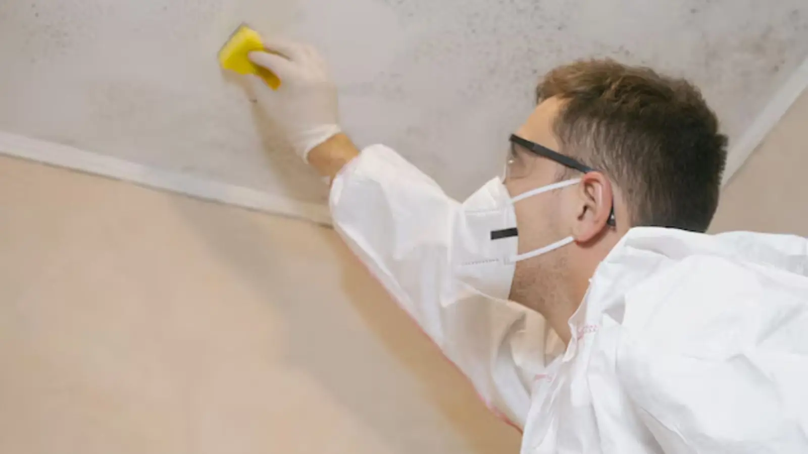 Person in a mask, goggles and protective suit wiping a stained ceiling with a sponge