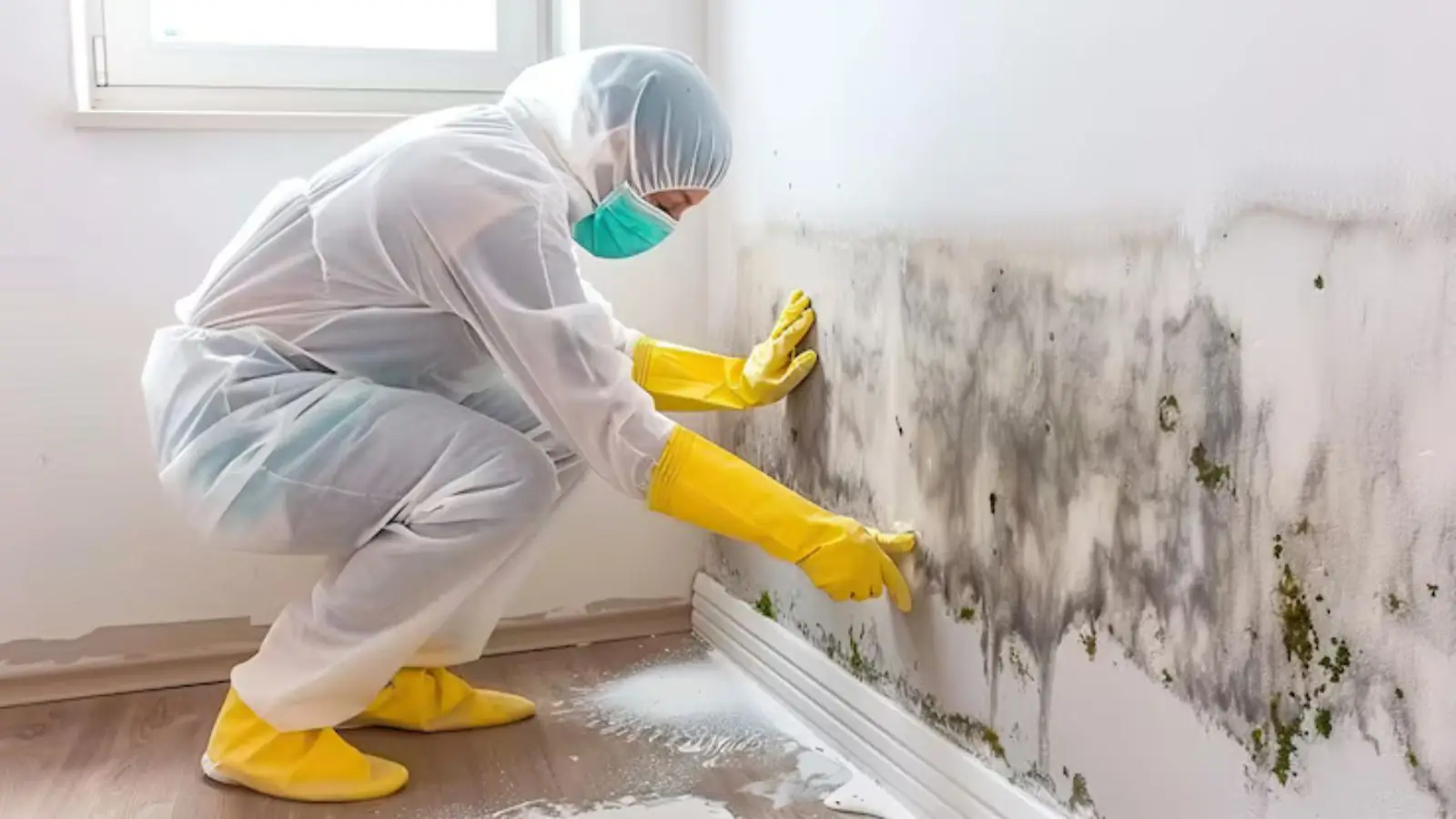 Technician in a white protective suit, mask and yellow gloves scrubbing mold stains along a wall and baseboard