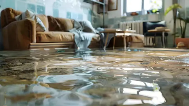 Living room with a sofa and standing floodwater covering the floor