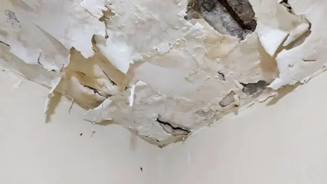 Ceiling corner with peeling paint and a crumbling, water-damaged section exposing the layer beneath